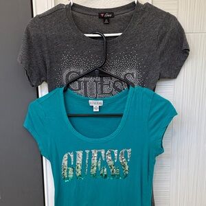 Guess Diamanté Charcoal and Turquoise Sequined Logo Tees